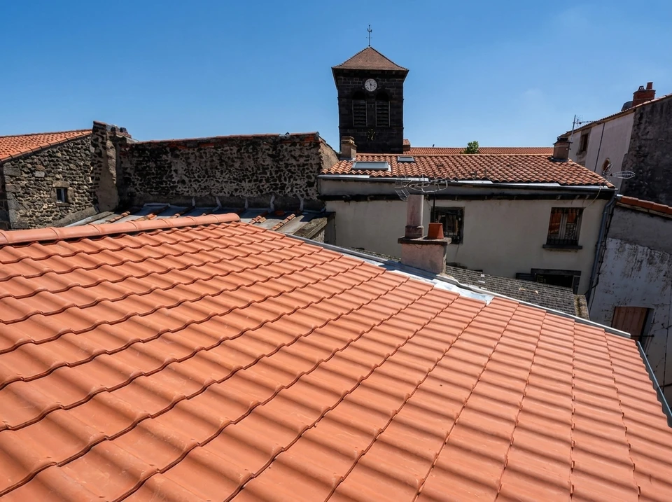 Vue en plongée sur une toiture neuve en tuiles canal terre cuite, double versant, avec noue métallique zinc au faîtage
