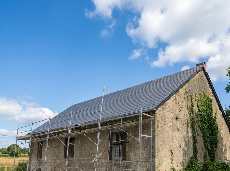 Rénovation de toiture d'un bâtiment ancien en pierre, avec échafaudage tubulaire métallique