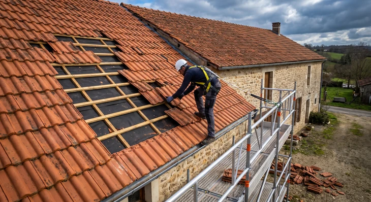 Rénovation de toiture en ardoises naturelles sur bâtiment ancien, avec échafaudage tubulaire