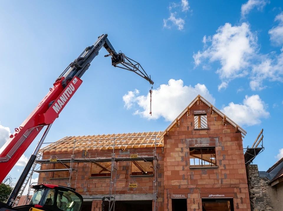 Rénovation de toiture d'un bâtiment ancien en pierre, avec échafaudage tubulaire métallique
