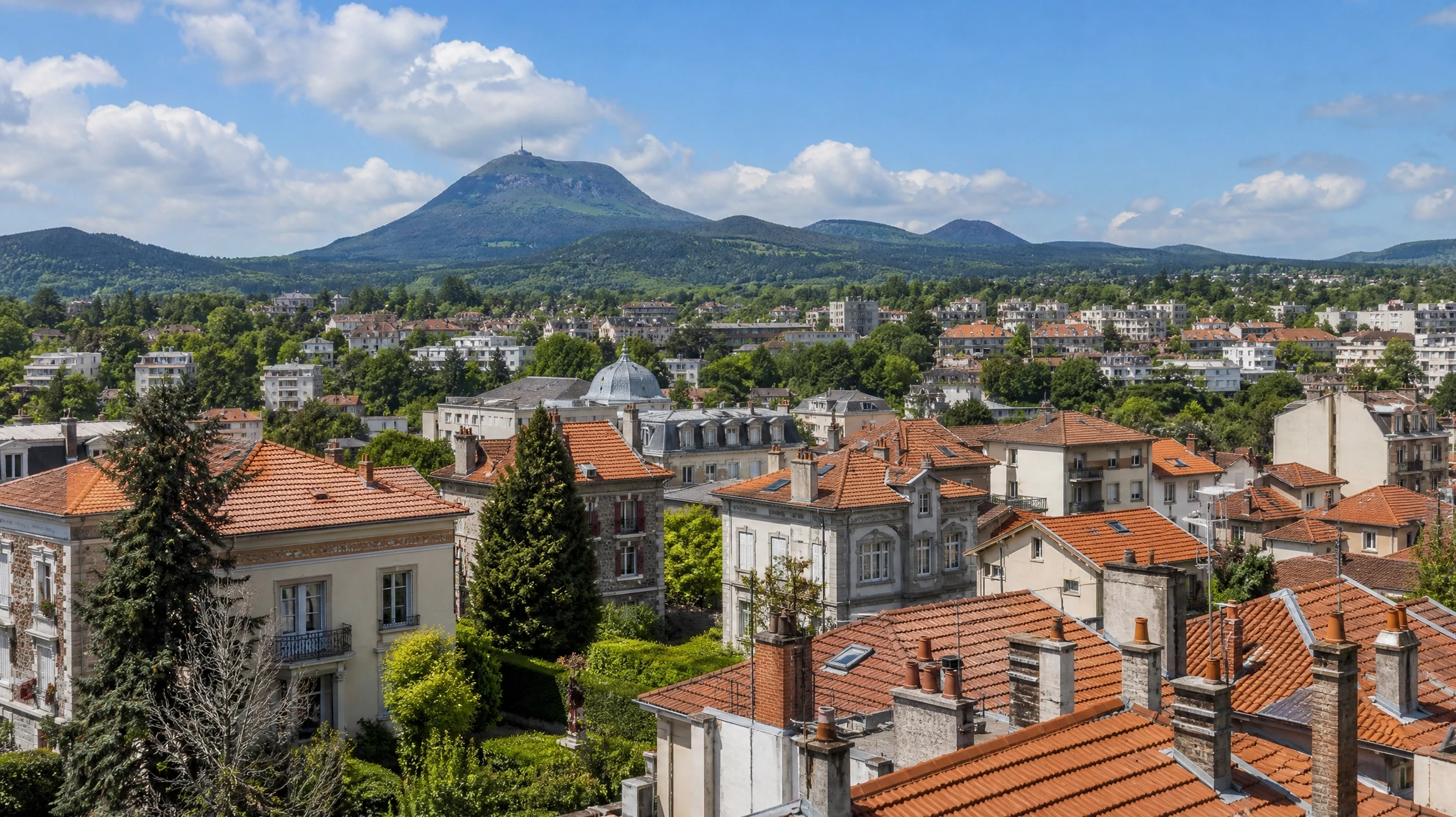 Vue panoramique aérienne d'une ville européenne avec centre historique aux toits de tuiles rouges traditionnelles, clochers d'église gothiques, quartiers résidentiels modernes et espaces verts environnants
