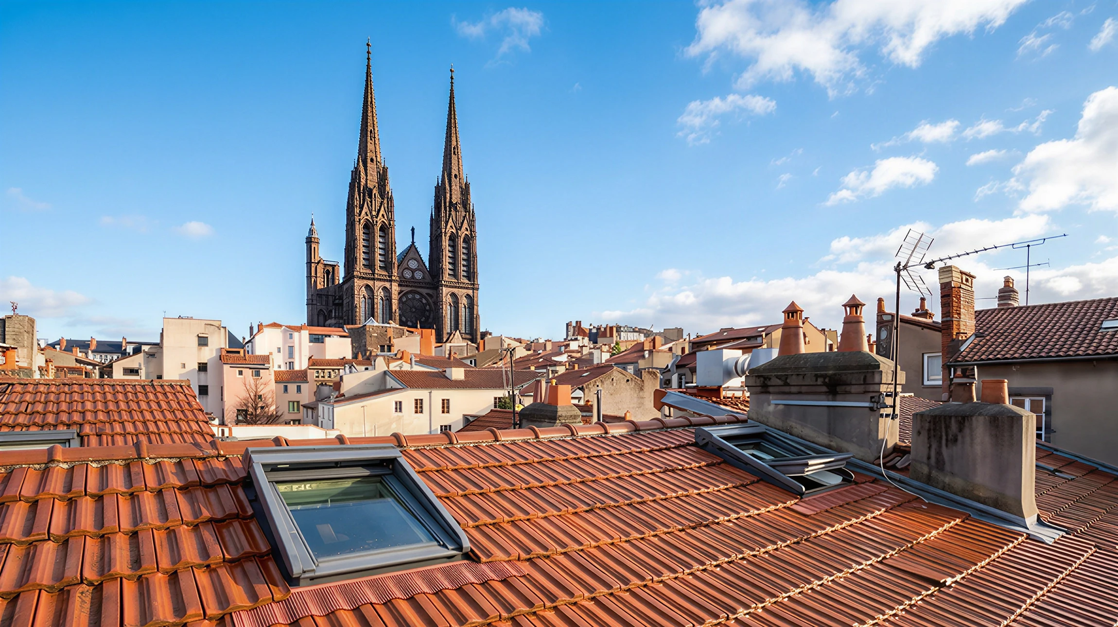 Vue aérienne de toitures urbaines avec tuiles en terre cuite rouge et couvertures métalliques ondulées