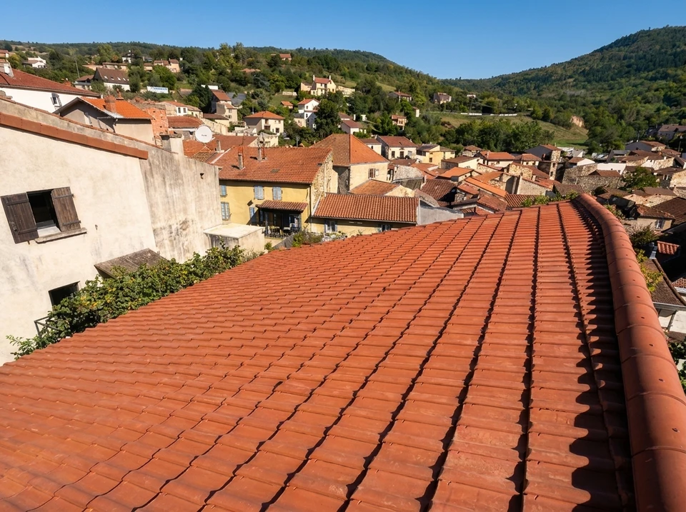 Toiture méditerranéenne avec tuiles canal en terre cuite rouge-orangé disposées en rangées régulières sous un ciel bleu nuageux