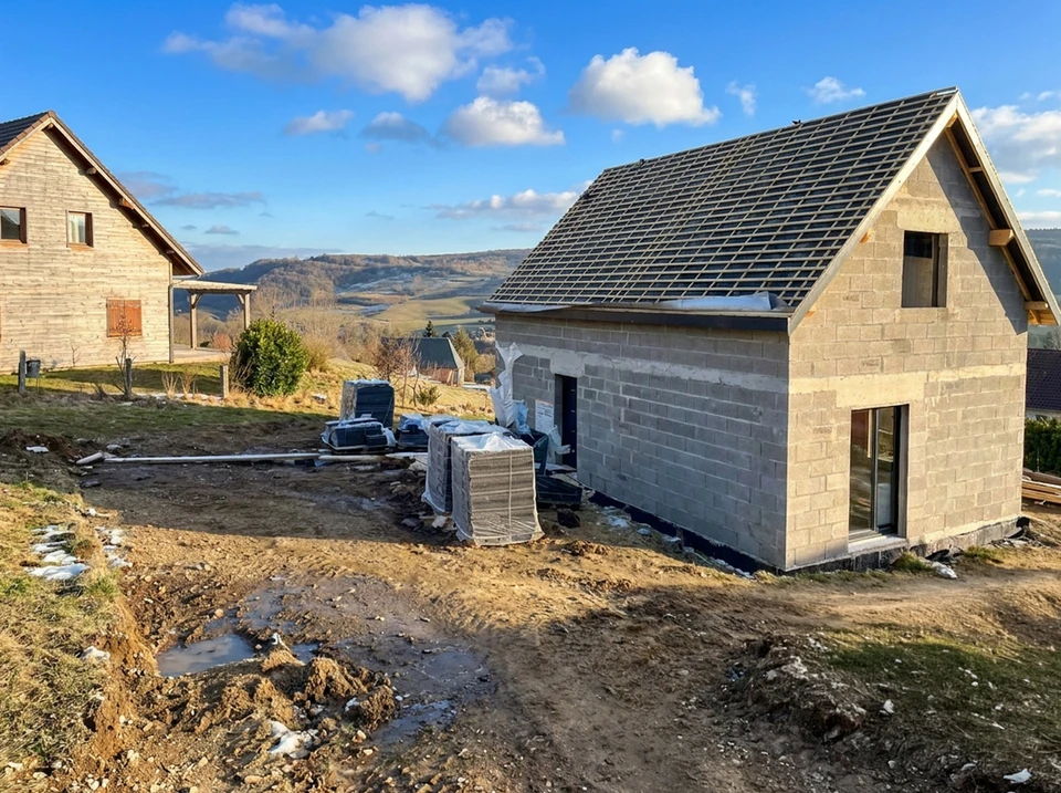 Maison individuelle de plain-pied surélevée, façade enduit blanc, toiture à deux pans en tuiles terre cuite rouge, large terrasse avec garde-corps métallique forgé, volets roulants aluminium anthracite, soubassement pierre apparente, garage en rez-de-chaussée