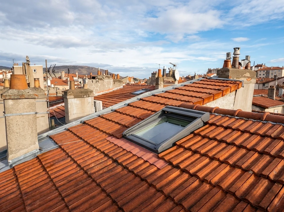 Vue aérienne de toits en tuiles canal terre cuite d'un centre-ville historique, avec la cathédrale gothique de Clermont-Ferrand en arrière-plan
