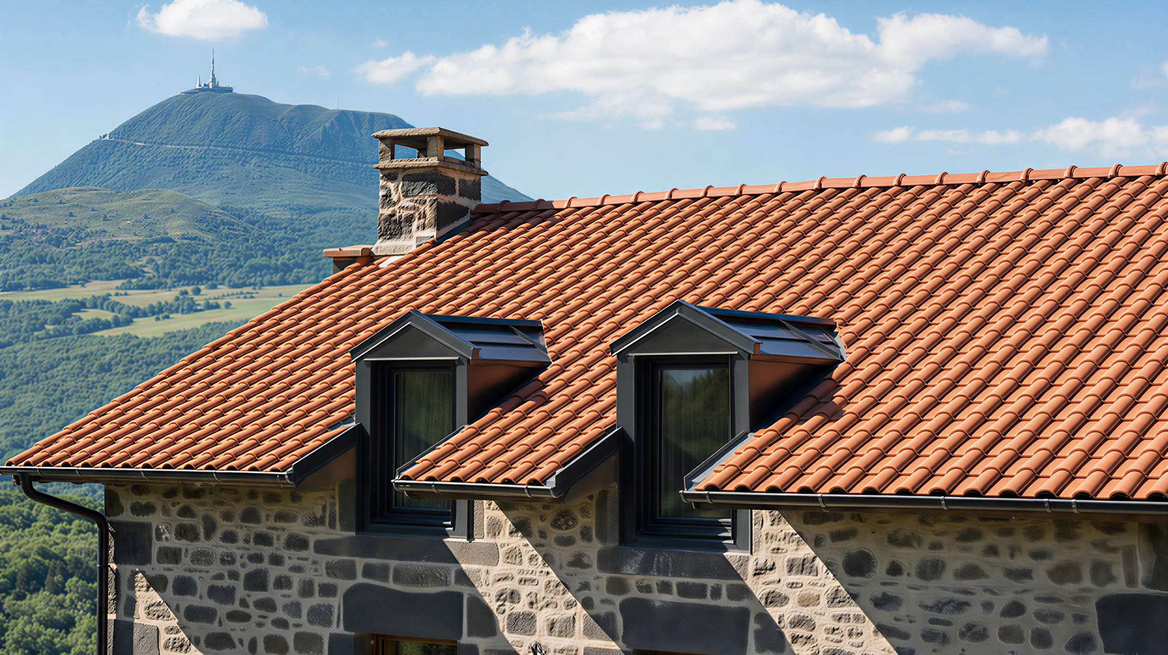 Rénovation de toiture en ardoises naturelles sur bâtiment ancien, avec échafaudage tubulaire