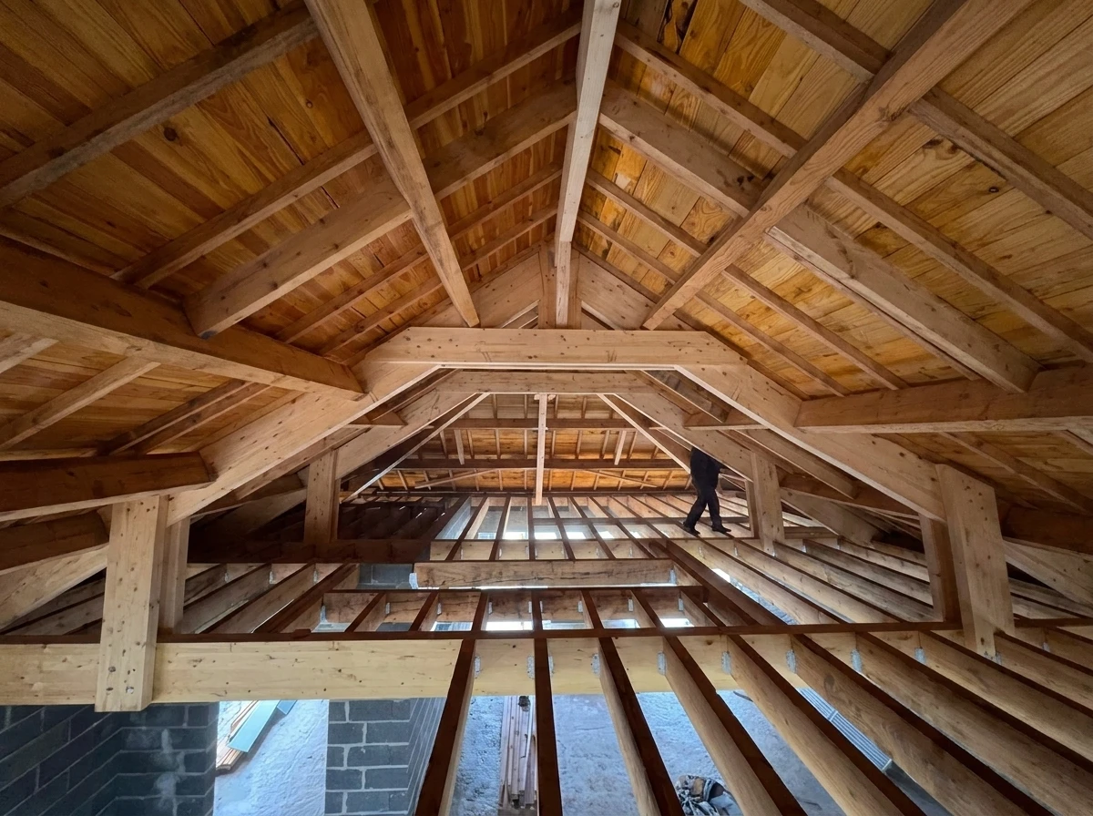 Charpente traditionnelle en bois massif vue de dessous, montrant l'assemblage complexe de poutres principales et secondaires