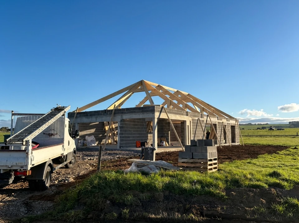 Intérieur de charpente traditionnelle en bois massif, vue en contre-plongée